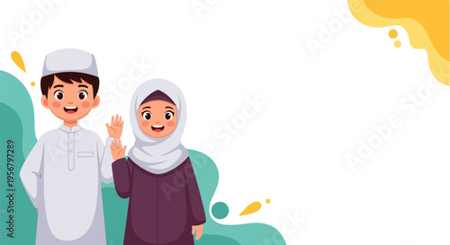 Happy cartoon Muslim children (boy and girl) waving hello. Ideal for Eid al-Fitr, Ramadan, Islamic culture, and childhood joy on a vibrant background.