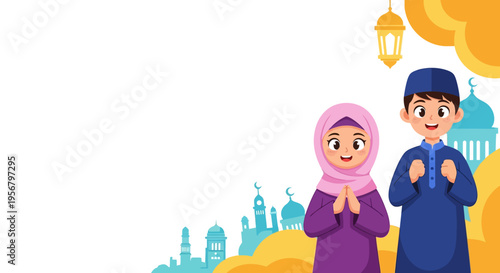 Happy Muslim children in traditional Islamic clothing celebrating Ramadan or Eid with mosque and lantern decorations in the background