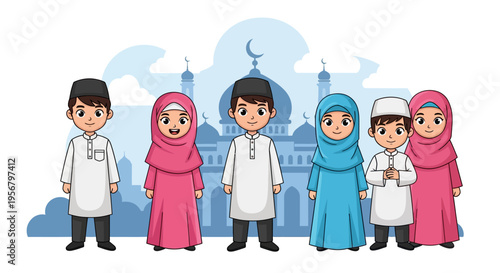 Diverse Muslim Children in Traditional Islamic Clothing Standing in Front of a Mosque, Celebrating Culture and Faith