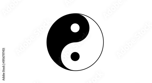 Minimalist black and white Yin Yang symbol illustration, representing ancient philosophical concepts of balance, harmony, and duality.