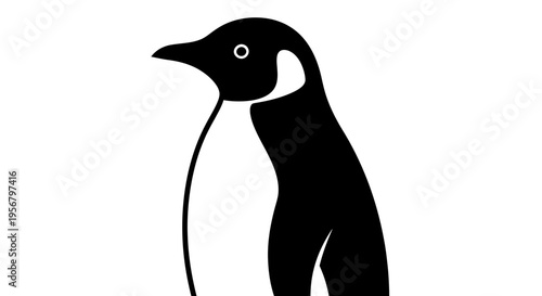 Minimalist black and white penguin illustration in a clean, simple flat design style on a plain white background, side profile view.