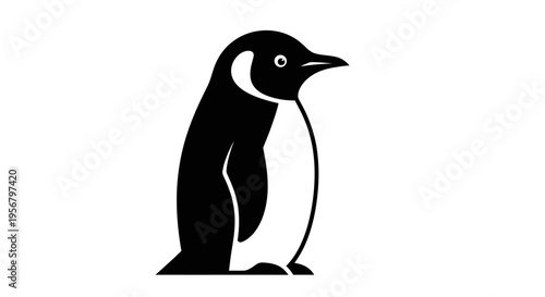 Black and white penguin icon, simple vector silhouette of an arctic bird, minimalist animal design symbol isolated on white.