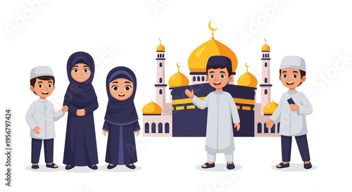 Happy Muslim family in traditional clothing standing in front of a mosque, celebrating Eid al-Fitr or Ramadan