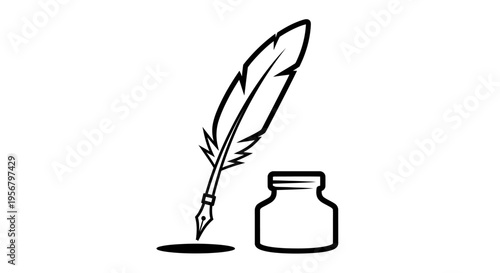 Vintage Quill Pen and Inkwell Illustration. Traditional Writing Instrument with Ink Splash. Black and White Outline Sketch.