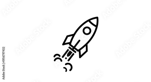 Simple line art rocket icon launching with smoke. Minimalist black and white symbol for startup, business growth, innovation, and space exploration.