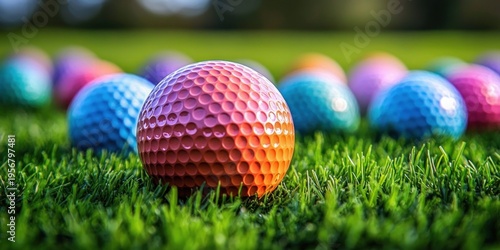 Close-up of colorful dimpled golf balls on lush green grass, vibrant playful outdoor scene with shallow focus and gleaming highlights