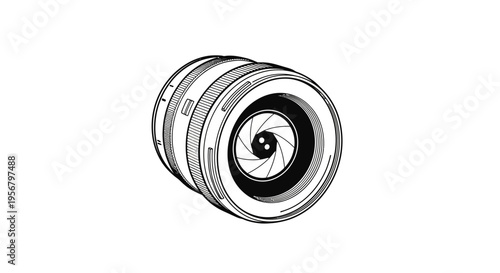 Stylized camera lens illustration with open aperture, black and white line art drawing for photography and technology concepts