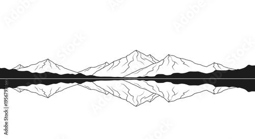Minimalist vector mountain range with reflection in calm water. Black and white nature landscape line art for tranquil design.