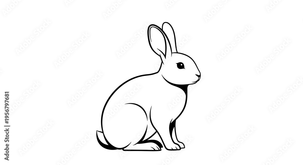 Fototapeta premium Simple black and white line art illustration of a rabbit sitting in side view, a cute animal outline drawing.