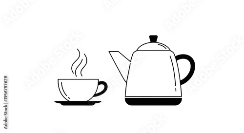 Minimalist Black and White Line Art Vector Icon of a Steaming Hot Cup and Teapot for Tea or Coffee Beverage Concept