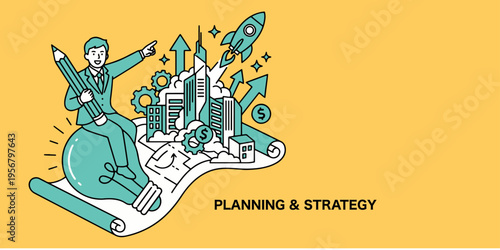 ビジネス戦略と成長を象徴するアイデア創出イラスト｜プランニングと成功の