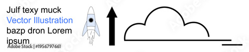 Technology, space exploration, progress, innovation, growth, direction. A rocket flying upward with a cloud and arrow. Space exploration and progress concepts for futuristic advancements