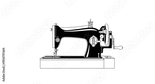 Vintage manual sewing machine illustration, classic retro stitching equipment, tailor's craft tool on white background