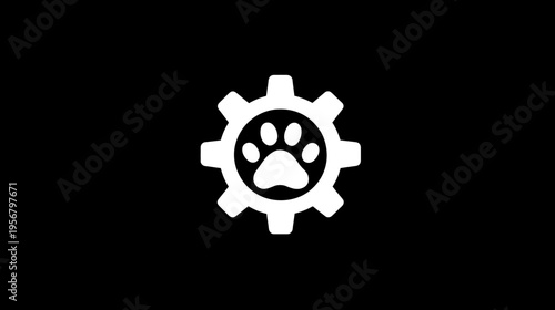 A white gear icon containing a paw print symbol is centered on a black background