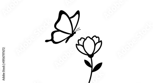 Elegant black outline butterfly and flower simple line art illustration, delicate minimalist nature drawing on white background.