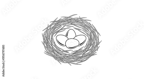 Bird's nest with four eggs, simple black and white line art illustration, spring nature concept, isolated on white.