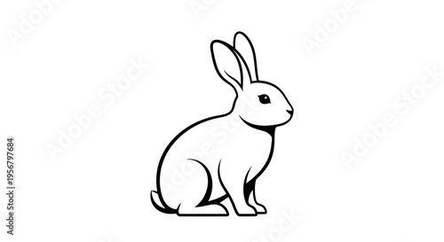 Simple black and white line art illustration of a sitting rabbit, a cute domestic animal or wild bunny icon in vector graphic style.