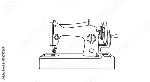 Vintage Sewing Machine Line Art Illustration. Classic Retro Manual Tailoring Equipment Vector Outline for Textile, Fashion, and Craft Hobby