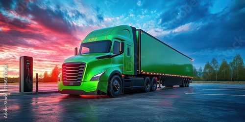 Sleek green electric semi-truck and trailer parked at a roadside charging station on wet asphalt beneath a vibrant sunrise sky, evoking calm power and eco-friendly promise