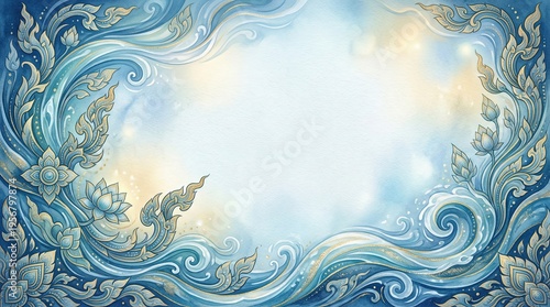 Thai traditional pattern with blue water waves and golden lotus elements framing bright watercolor background with ample copy space