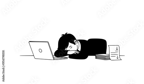 Minimal cartoon person feeling financial stress at desk with laptop showing business failure and emotional burnout