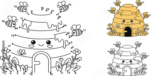 Beehive Connect the Dots and Coloring Page for Kids with Cute Honey House, Bees, Flowers, Educational Puzzle Activity, and Preschool Learning Worksheet Vector