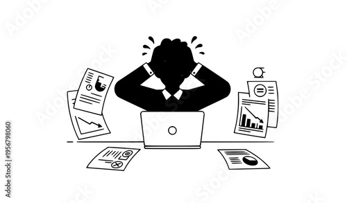 Cartoon stressed businessman at desk with laptop showing financial loss anxiety and workplace pressure concept