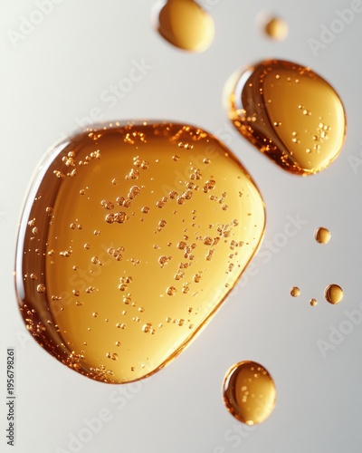 Golden translucent oil droplets of varying sizes with tiny suspended bubbles floating on a soft neutral background, serene and elegant close-up