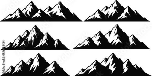 Set of mountain range silhouettes vector illustration featuring six rocky peaks for outdoor adventure and nature logo design background