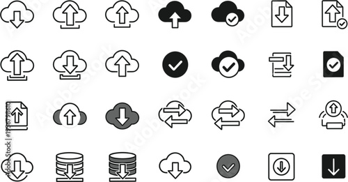 Cloud Upload and Download Icon Set with Sync, Data Transfer, File Sharing, Backup, and Server Storage Line Vector Collection