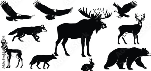 Set of North American wildlife silhouettes featuring moose bear eagle wolf deer and antelope isolated on white background vector illustration.