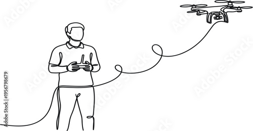 Continuous Line Drawing of Man Controlling Drone with Remote Controller, UAV Flight Concept, Aerial Technology Minimalist Illustration