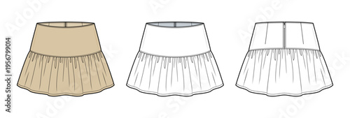 Gathered Mini Skirt with Structured Waistband Technical Fashion Illustration. Flowy Tiered Skirt Vector Template. Front and Back View. Women’s Apparel CAD Mockup