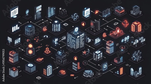 glowing isometric network of servers, buildings, data nodes, charts and cloud icons linked by neon lines conveying a futuristic, dynamic sense of digital connectivity