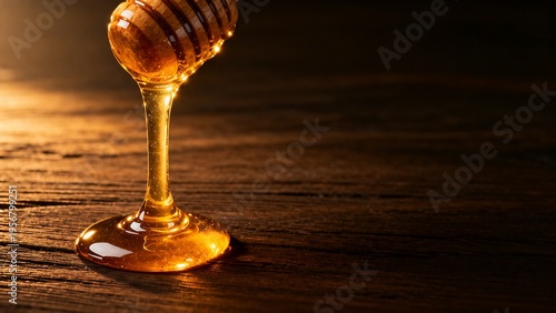 Golden Honey Dripping from Dipper on Dark Wooden Table with Warm Light Closeup
