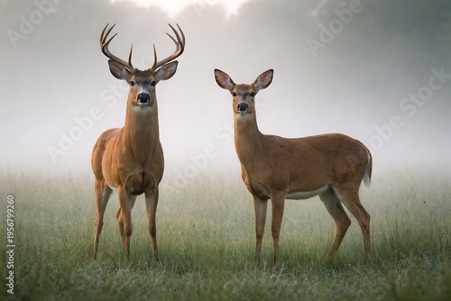 Two Wild Deer Standing in Misty Morning Grass Field with Foggy Forest Background