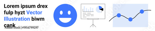 Data visualization, analytics, business insights, presentation design, user feedback, and communication. A happy face, chart and rising graph. Data visualization and analytics concept