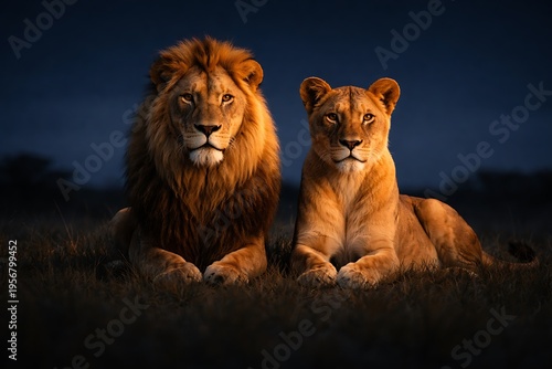 Majestic Lion and Lioness Resting Together on Savanna Grass at Night with Dark Blue Sky