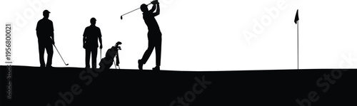 Silhouette of golfers playing on course with swing action, golf flag, equipment and sports activity scene showing teamwork, leisure and outdoor competition