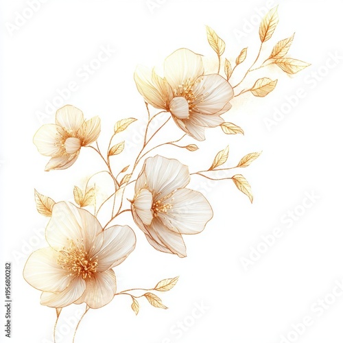delicate cream and gold floral branch with blooming flowers, slender leaves and graceful petals, elegant serene botanical illustration