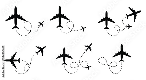 Silhouettes of airplanes with dotted trails depicting flight paths and travel