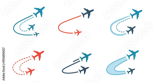 Collection of stylized airplane flight paths with dotted trails in various colors