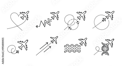Line art illustration of airplanes flying in various paths and shapes
