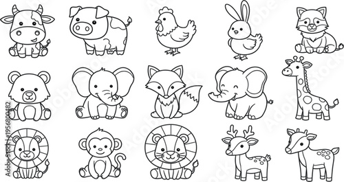 Cute Animal Cartoon Line Icon Set with Cow, Pig, Chicken, Rabbit, Fox, Bear, Elephant, Giraffe, Lion, Monkey, and Deer, Kids Coloring Style Vector Collection