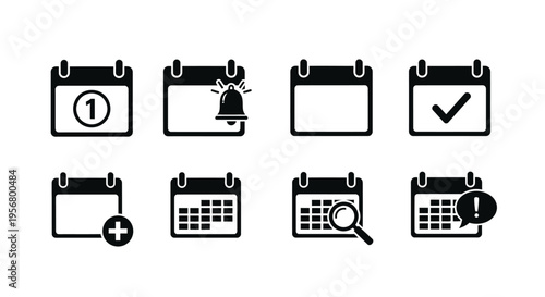 Black and white calendar icons showing dates alerts and event planning