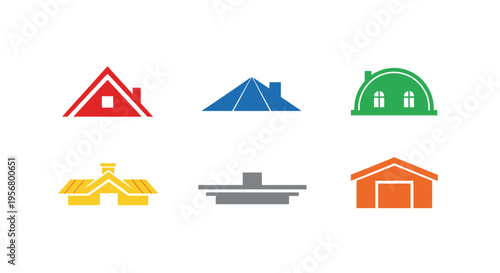 Colorful collection of six simple house and building shaped icons on a white background