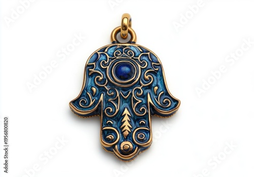ornate gold and blue hand-shaped pendant with central blue stone and swirling filigree, evoking protection and serene elegance