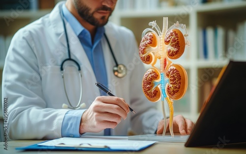 focused doctor in white coat with stethoscope reviewing detailed kidney anatomical model while taking notes at a desk with clipboard and laptop in a clinical office, attentive and professional