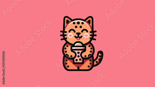 Cute Cartoon Spotted Cat Holding a Boba Bubble Tea Drink. Happy Feline Illustration with Rosy Cheeks on Pink Background