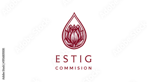 Stylized red flower inside a minimalist teardrop shape logo graphic, sophisticated botanical emblem for beauty, wellness, or organic branding concept.